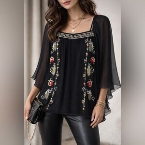 Mushka by Sienna Rose Sheer Black Embroidered Top- L